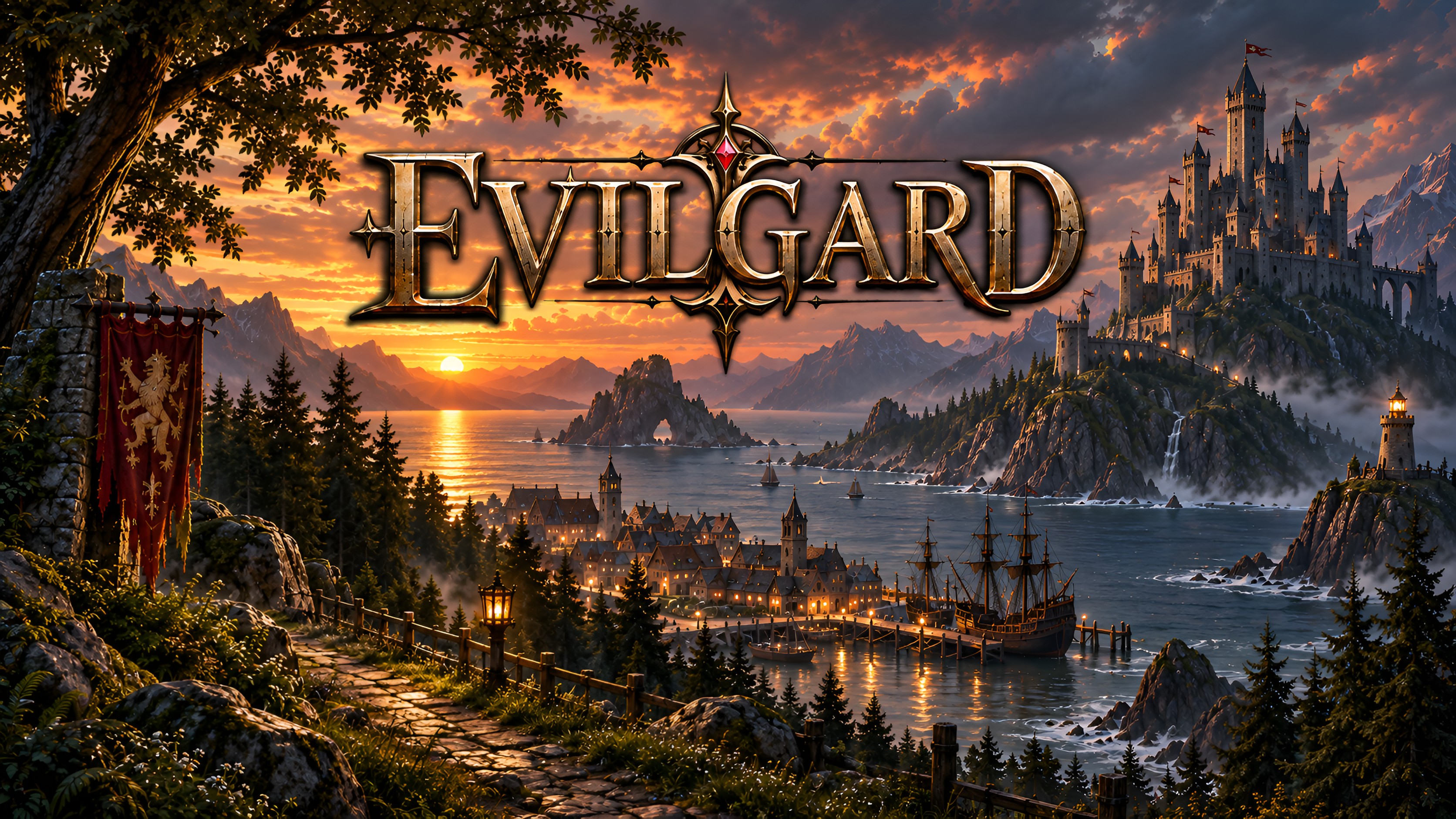 EVILGARD: eine Küstenburg über einer Hafenstadt, Schiffe und ein Weg ins Abendlicht. Illustratives Titelmotiv, keine Spielaufnahme.