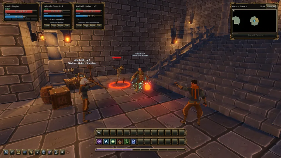 Dungeon combat. A party in combat among torches, stone walls and stairways.