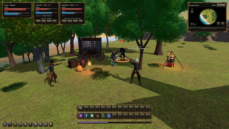 Fire magic in the forest. A combat moment with fire magic and companions.