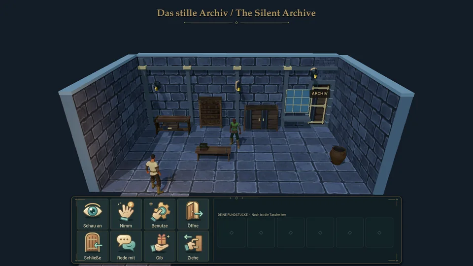 Point & Click – German interface. An experimental section with classic action verbs and an inventory for collected items. German interface.