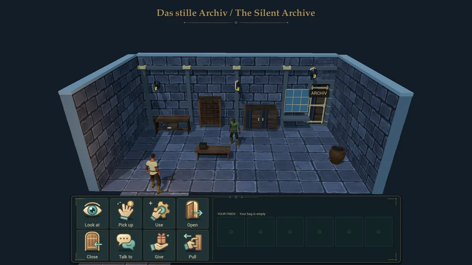 Point & Click – English interface. The same experimental section with English action labels.